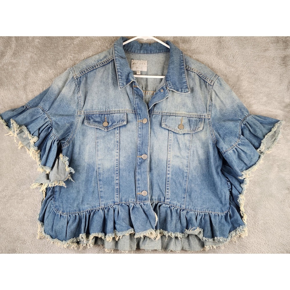 Hayden Jean Jacket Womens M/L Blue Light Wash Denim Ruffle Sleeve Frayed Hem